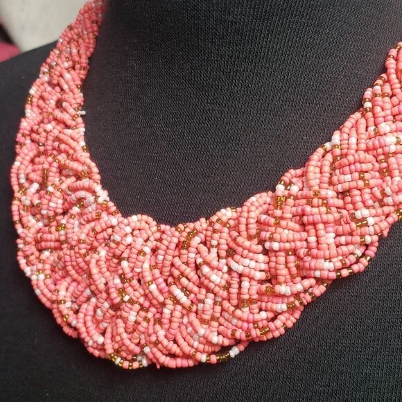 Pink Bead Braided Bohemian Style Necklace - Picture 2 of 5